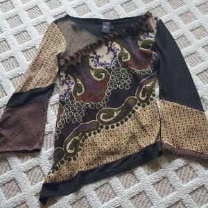 Anac Multicolor Paisley Patchwork Long Sleeve Top with Faux Fur Trim